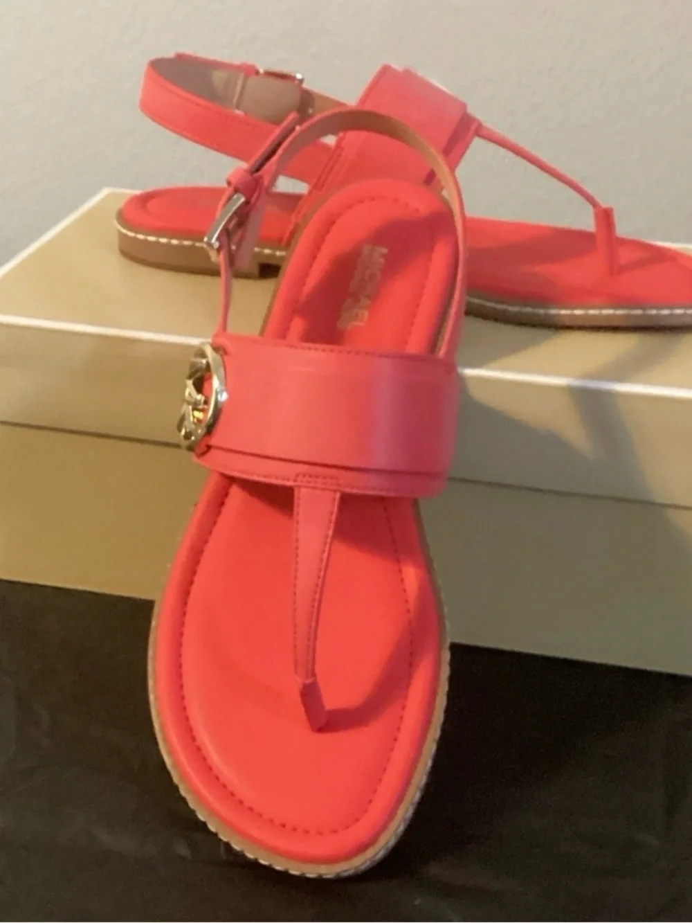 Michael Kors Carmen Cotton Candy Pink  Leather Thong Sandals with MK Emblem